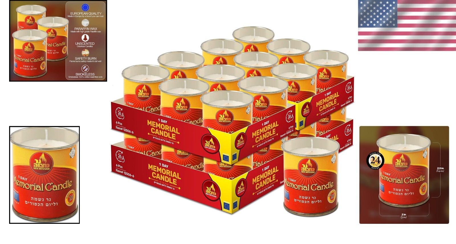 Elegant Unscented 24-Hour Yom Kippur Candle Set in Durable Tin Holders - 24 Pack