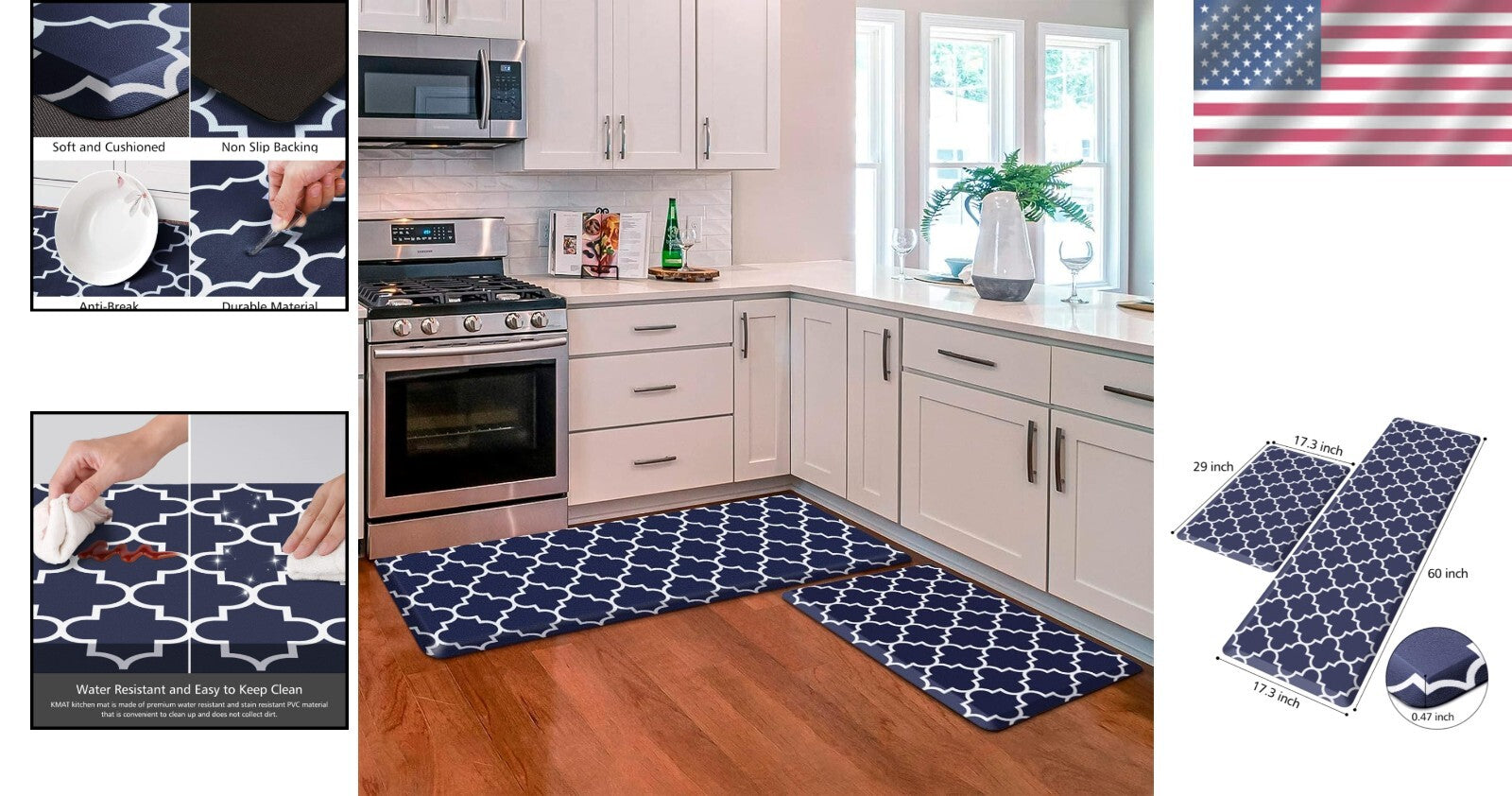 Waterproof Non-Skid Blue Kitchen Mat Set [2 Pcs] for Enhanced Standing Comfort