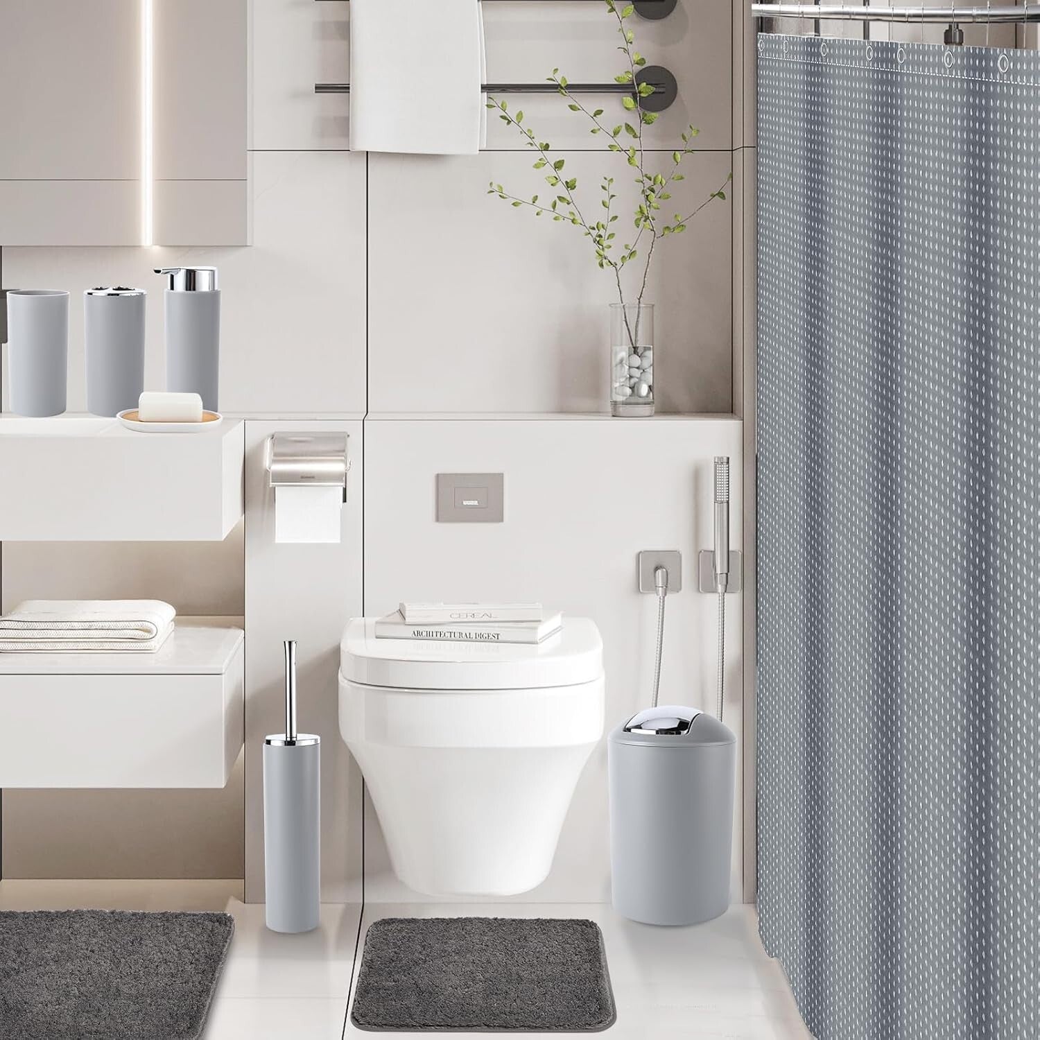 Durable Bathroom Decor 24PCS Set with Shower Curtain + Soft Microfiber Rugs