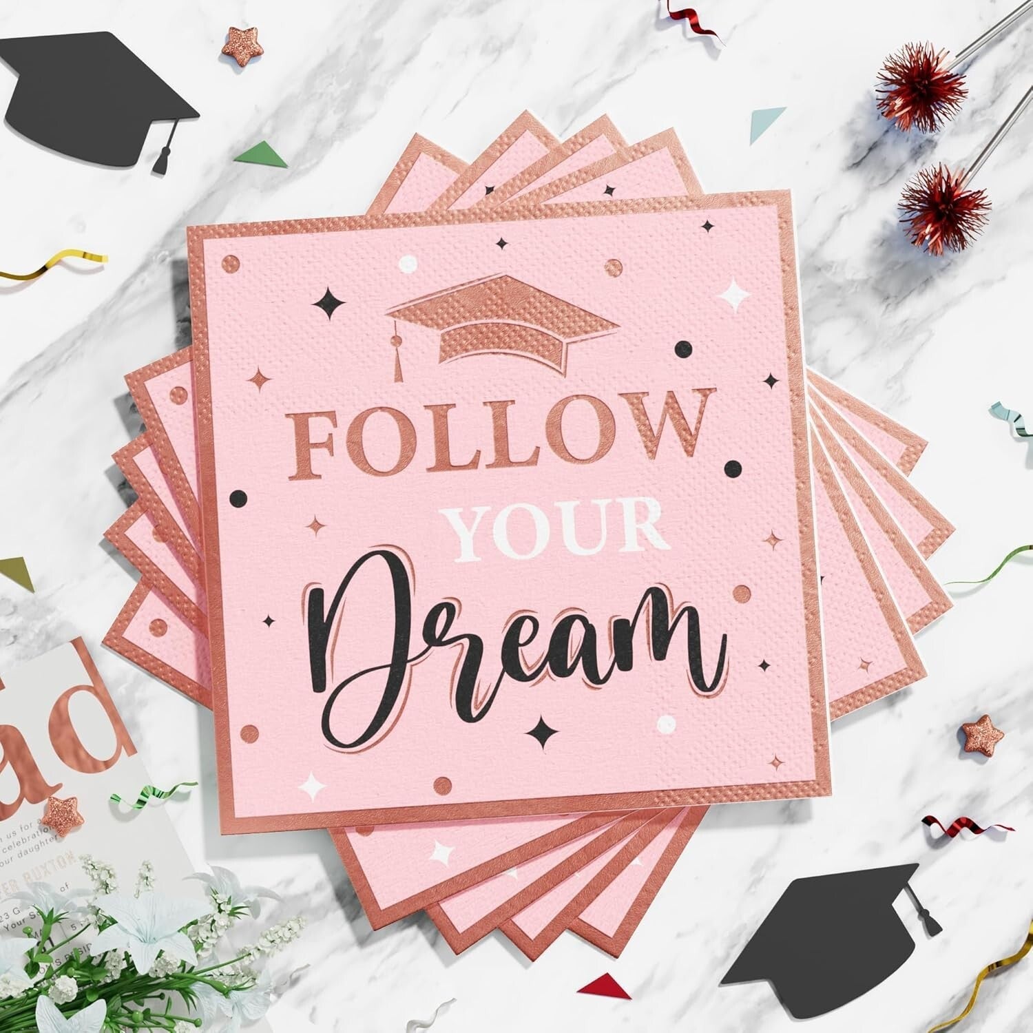 350 PCS Pink Graduation Supplies with Stylish Plates, Cups & Cutlery - Serves 50