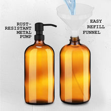 Load image into Gallery viewer, Versatile 32oz Amber Glass Shampoo and Soap Dispenser with Stainless Steel Pumps