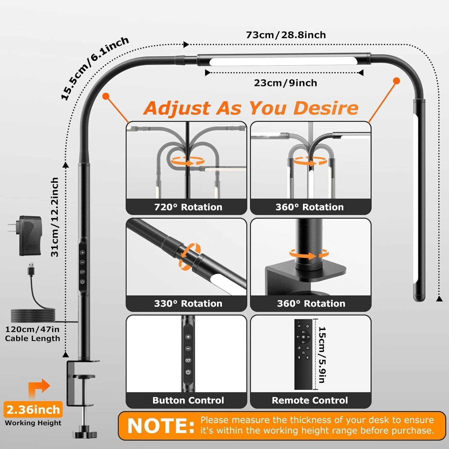 Adjustable Gooseneck LED Desk Lamp with Stepless Dimming & Remote Control