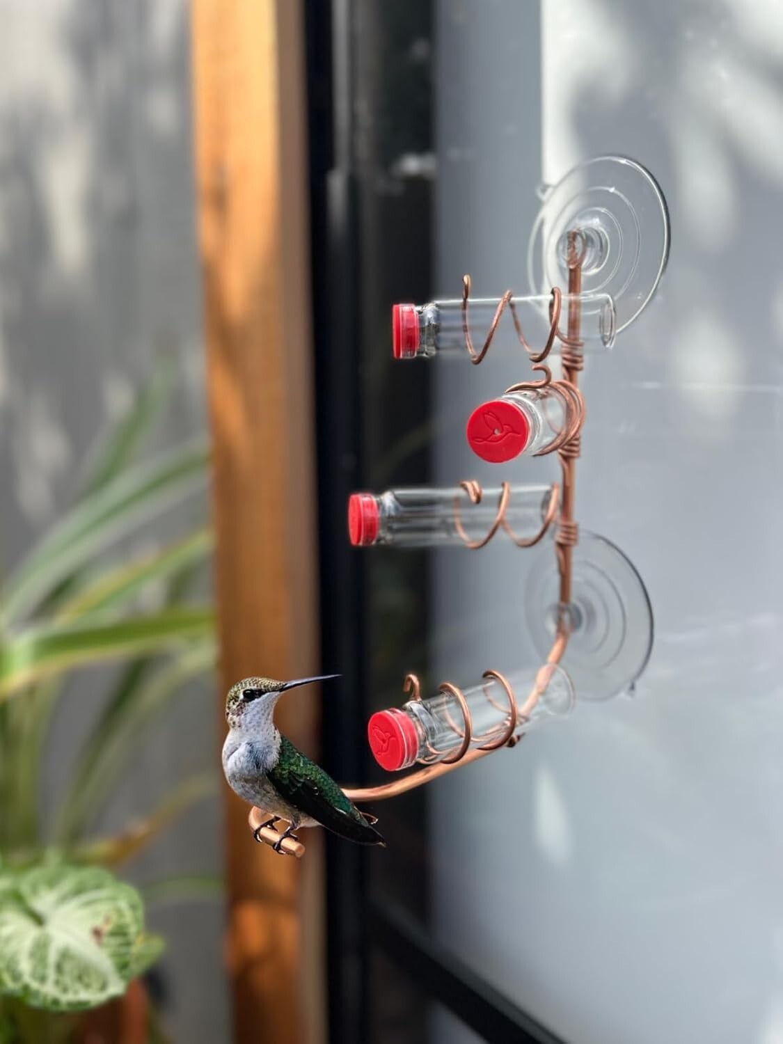 Handcrafted Copper Window Hummingbird Feeder with 4 Stations & Easy-Fill Bottles