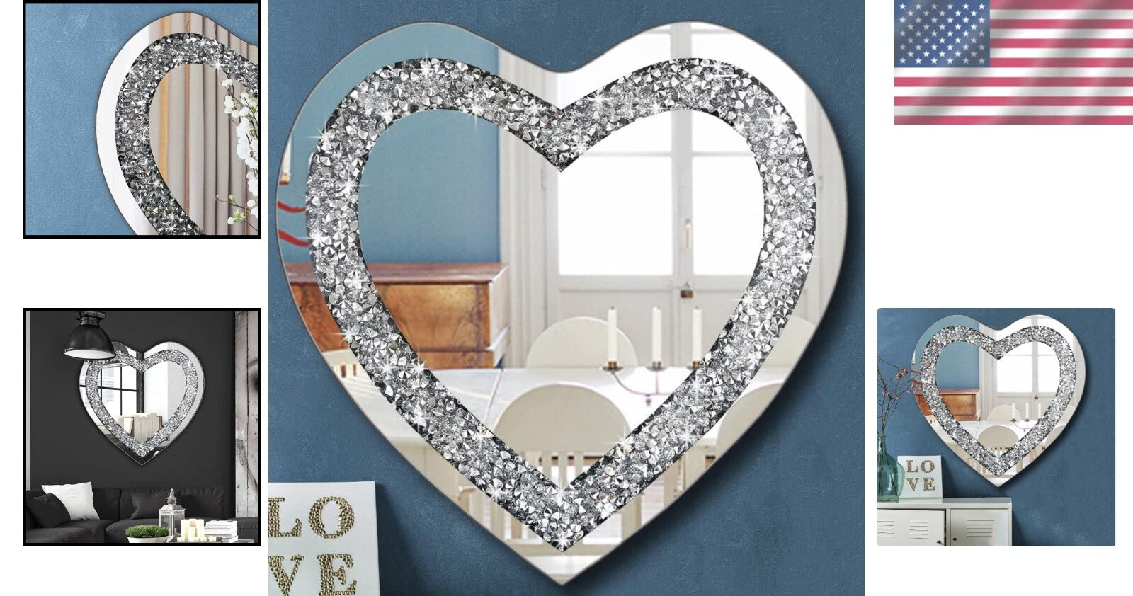 Stunning 24" Frameless Heart-Shaped Mirror with Acrylic Diamonds - Home Decor