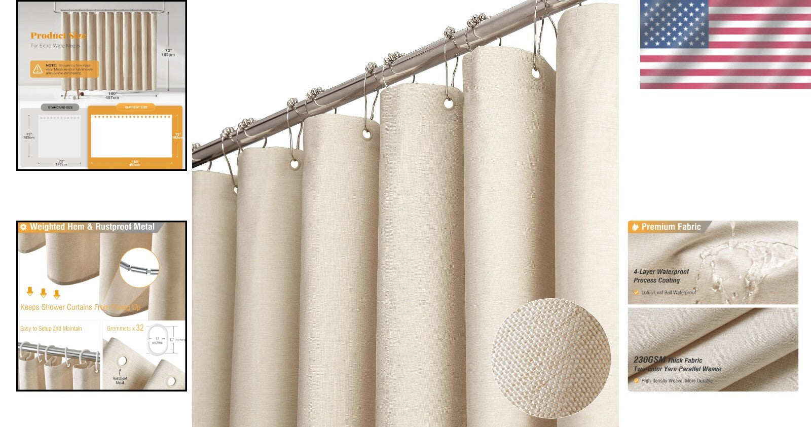 Extra Wide 72"x180" Fabric Shower Curtain - Heavy Duty Water Resistant Cream
