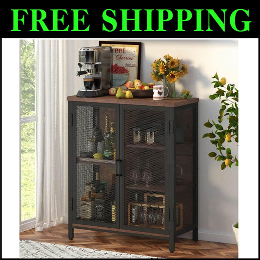 Farmhouse Style Alcohol Cabinet with Lockable Doors & Adjustable Storage Shelves