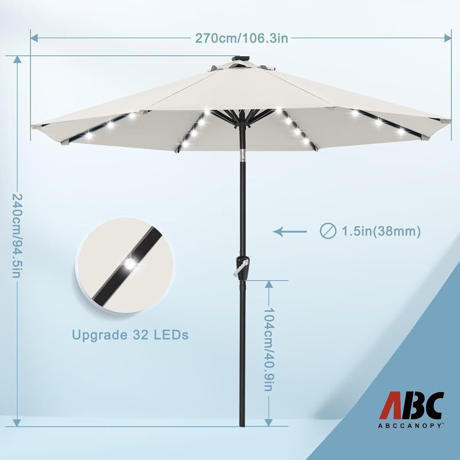 Versatile 9FT Solar Powered Patio Umbrella with 32 LED Lights for Outdoor Use