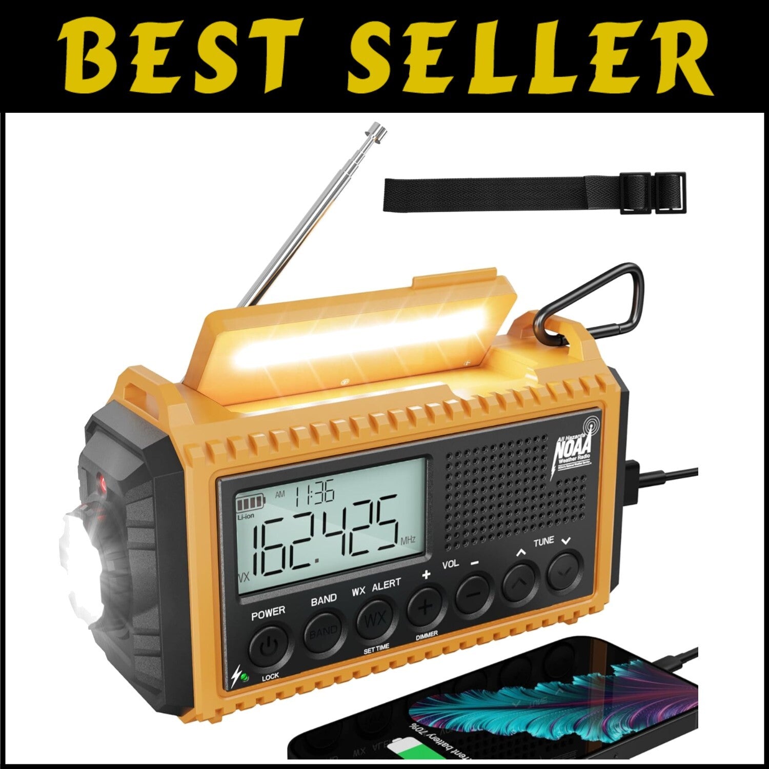 Weather Alert Radio with 18500mWh Battery, SOS Alarm & Dual Lighting Functions