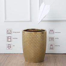 Load image into Gallery viewer, Stylish Open-Top Gold Trash Can - Durable Ceramic Waste Container for Any Room