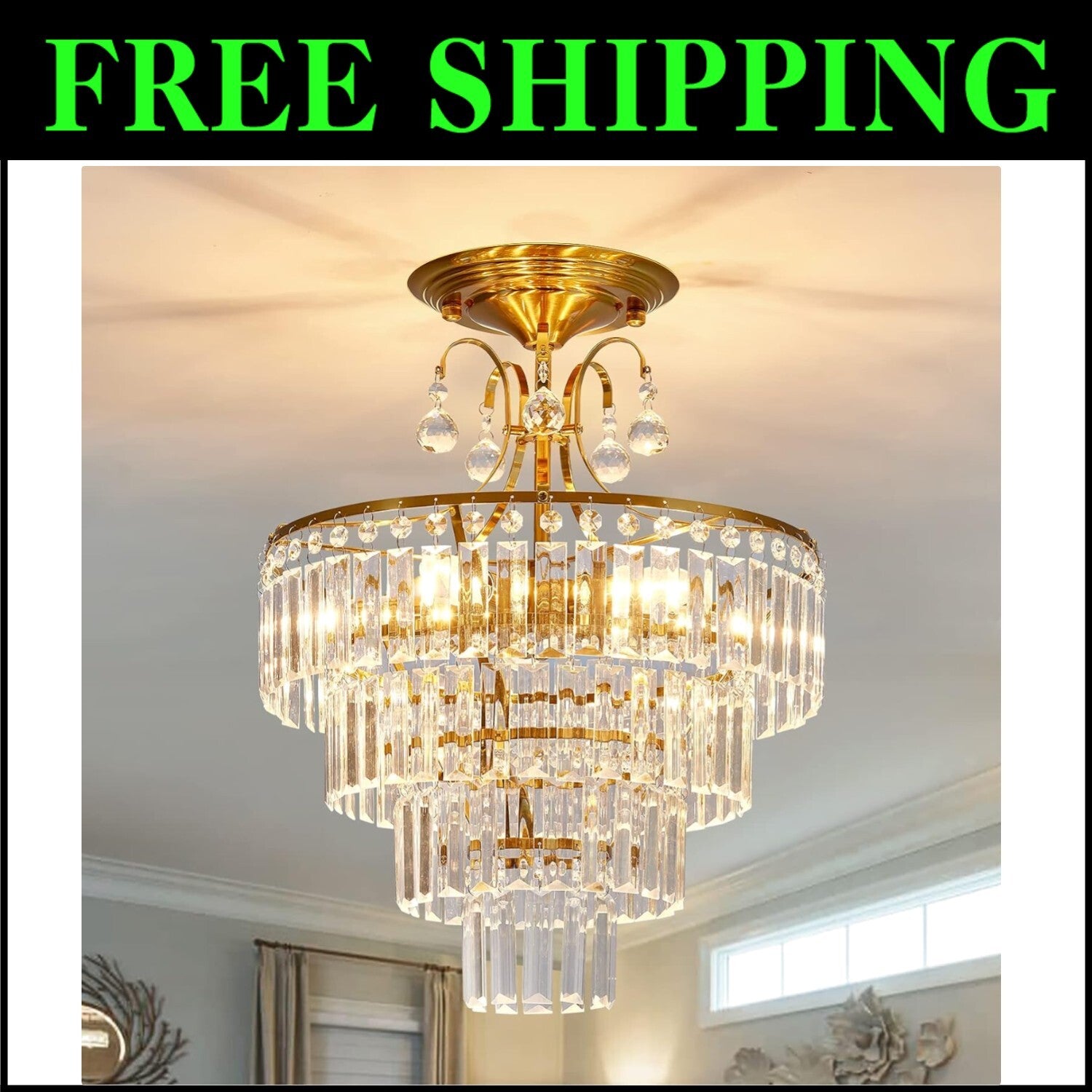 Chic Crystal Gold Semi Flush Mount Chandelier - Ideal for Living & Dining Rooms
