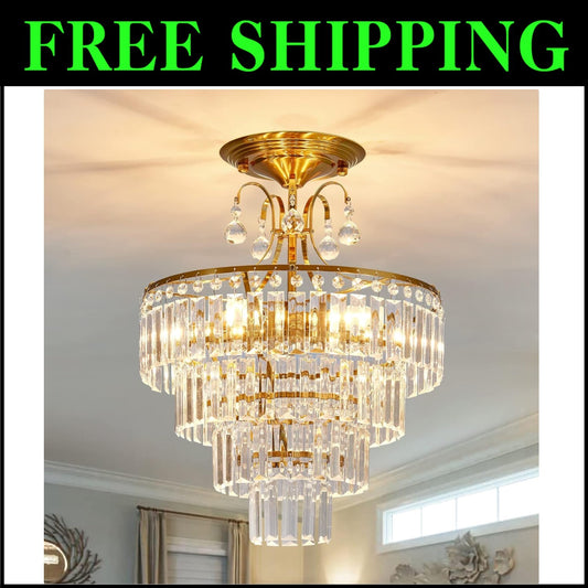 Chic Crystal Gold Semi Flush Mount Chandelier - Ideal for Living & Dining Rooms