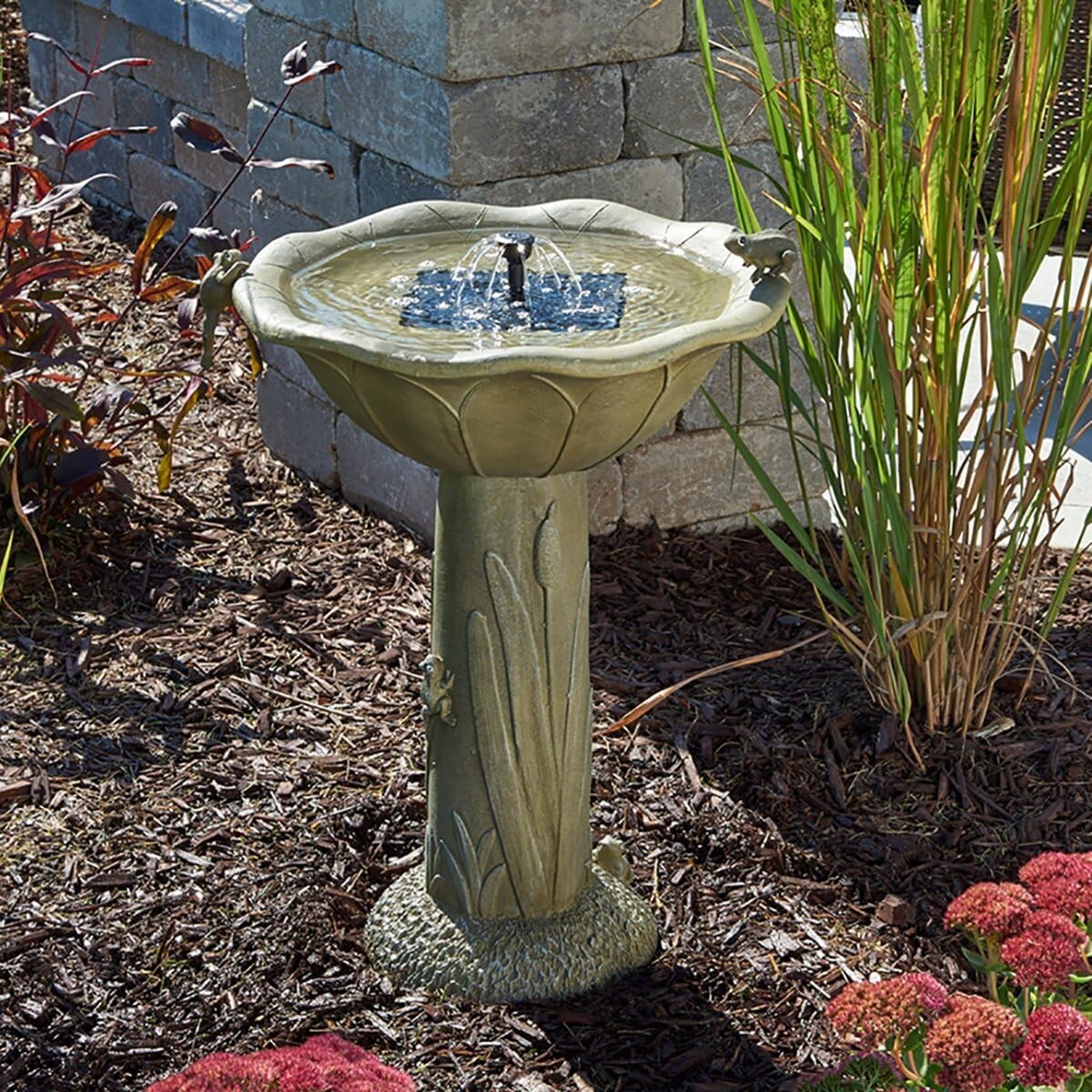 Acadia Solar Birdbath - Medium Olive Green Fountain with Two Spray Options