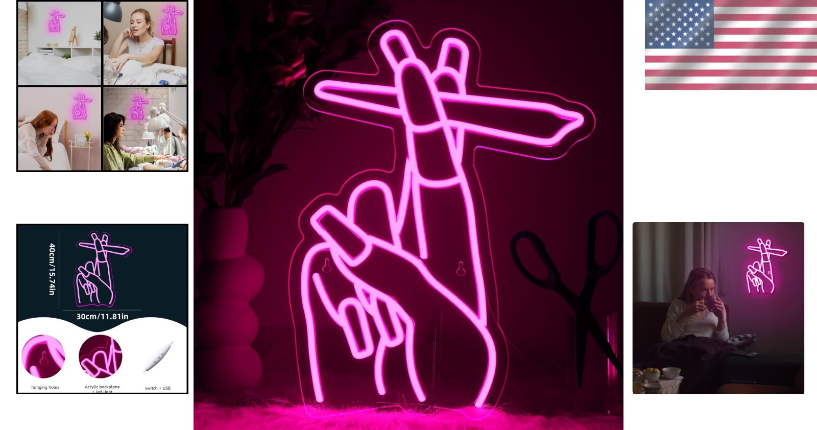 DIY Wall-Mounted Pink Hand Neon Sign with Chain and Hooks - Stylish Display