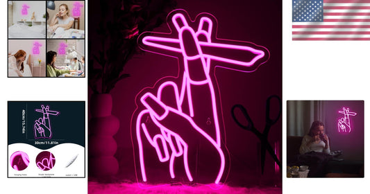 DIY Wall-Mounted Pink Hand Neon Sign with Chain and Hooks - Stylish Display