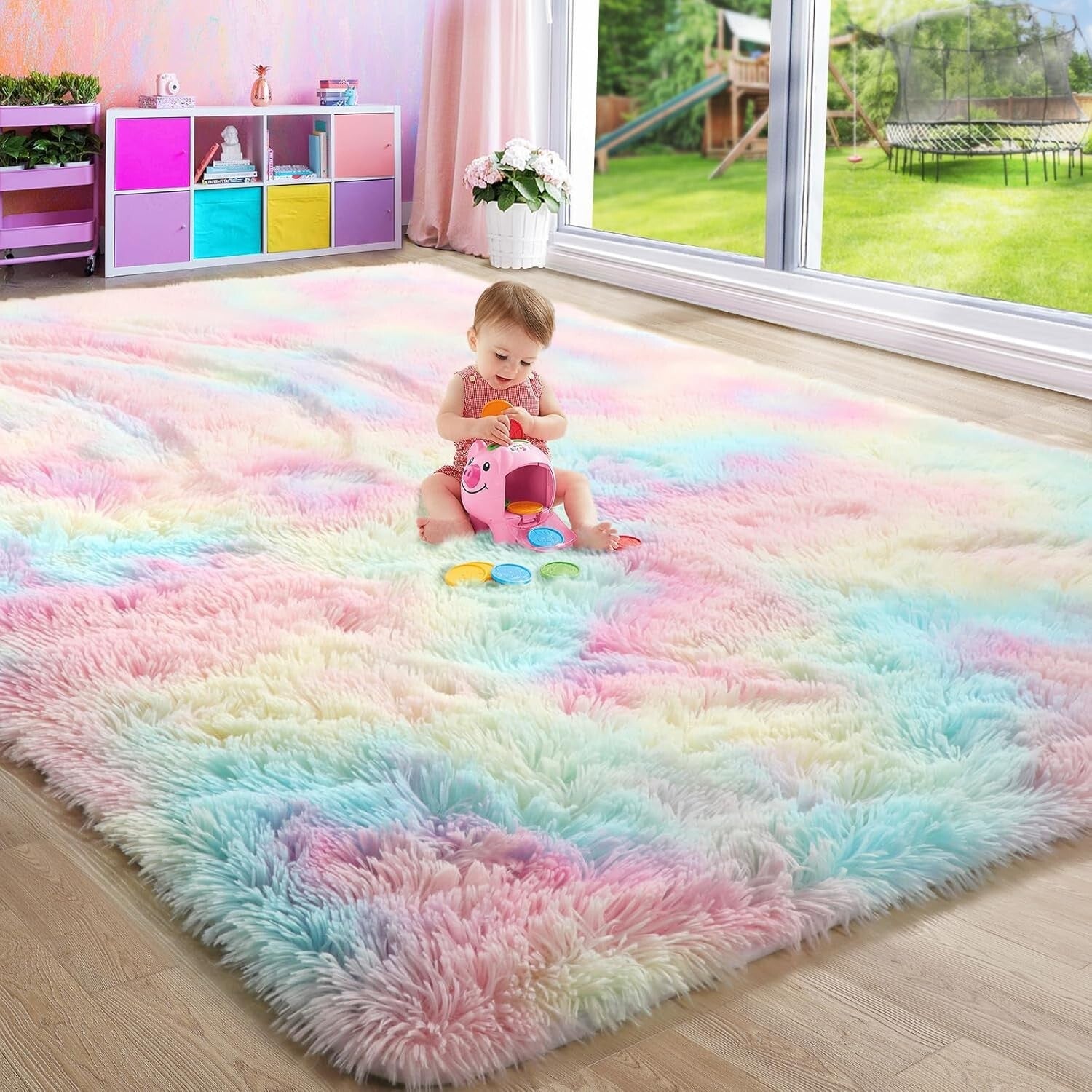 Soft Plush 5x8 Rainbow Shag Area Rug - Ideal for Girls' Playrooms & Nurseries