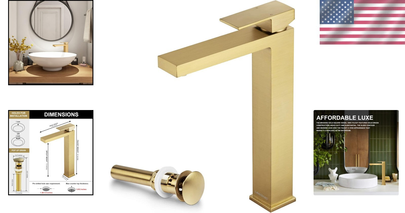 Modern Single Handle Brushed Gold Faucet - Includes Easy-Install Pop-Up Drain