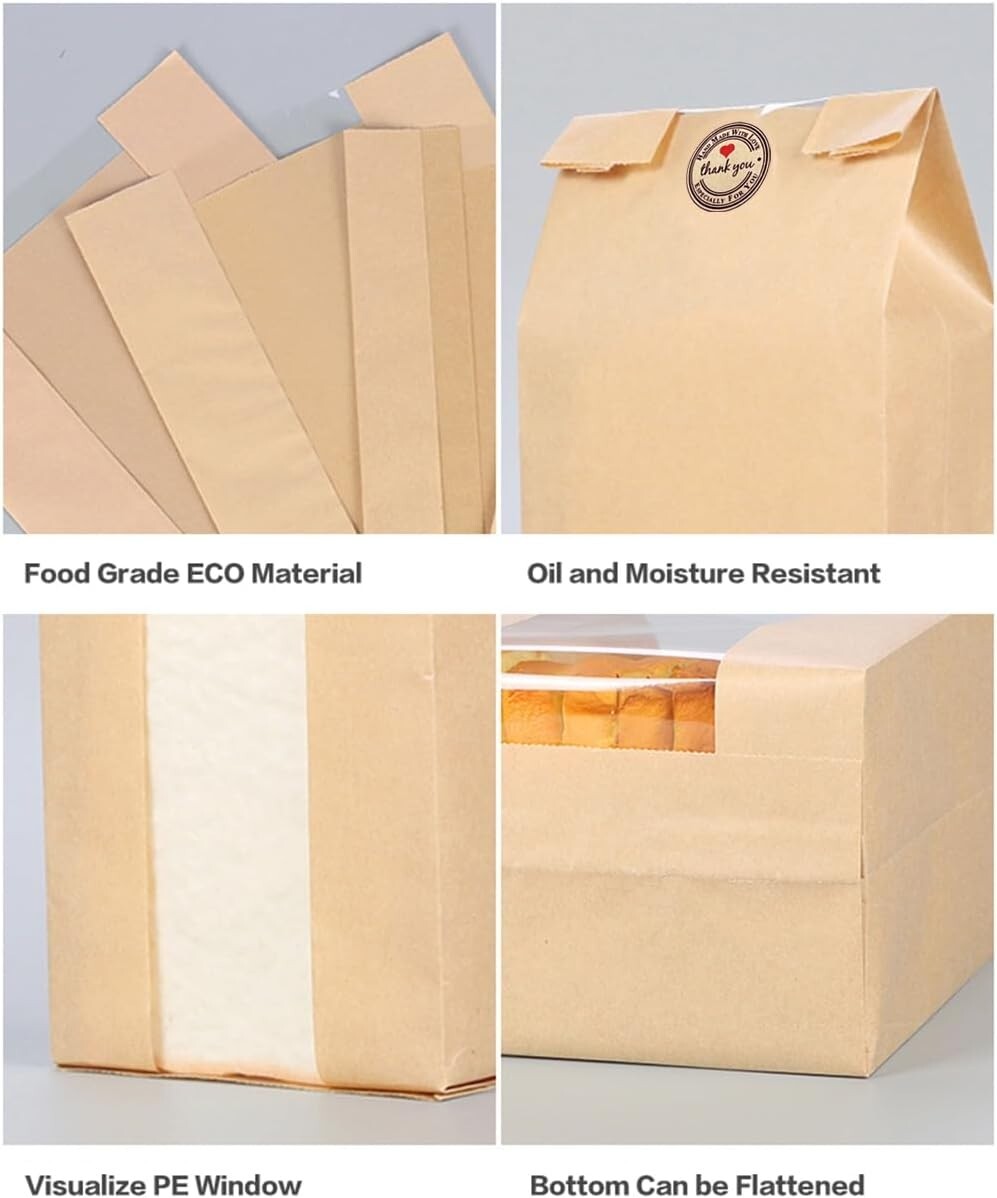 200 Large Kraft Paper Bread Bags with Window for Baking & Gifting - 12.6x8.3x4.0