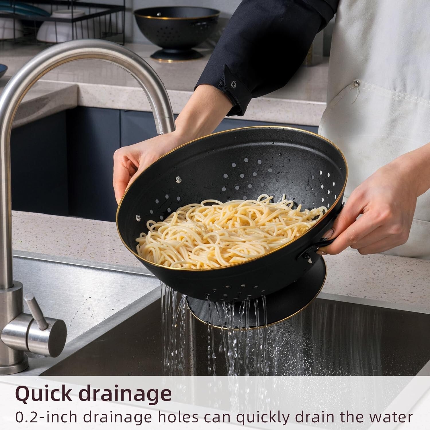 Elegant Matte Black Colanders - Rust-Resistant Metal Strainer Set for All Foods