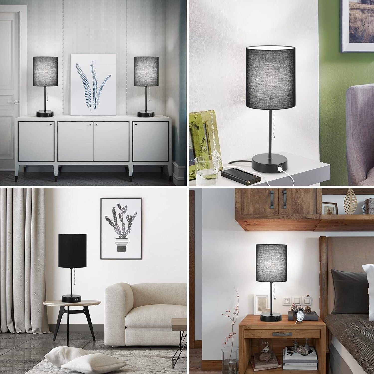 Contemporary Black Table Lamps Set with AC Outlet & Fabric Shade for Ambiance