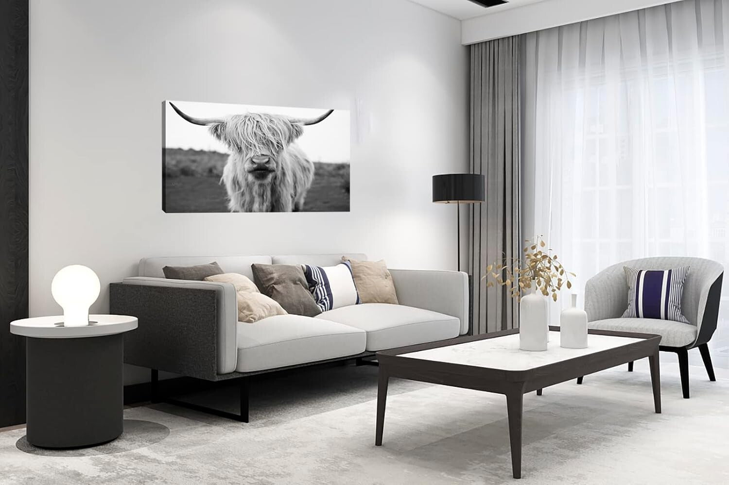 Elegant HC3650 Highland Cow Canvas Art - Black & White Wall Decor 20x40in