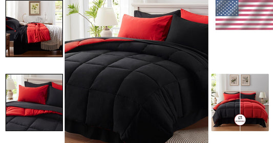 All Season King Size Bedding Set: 7-Piece Reversible Comforter in Black & Red