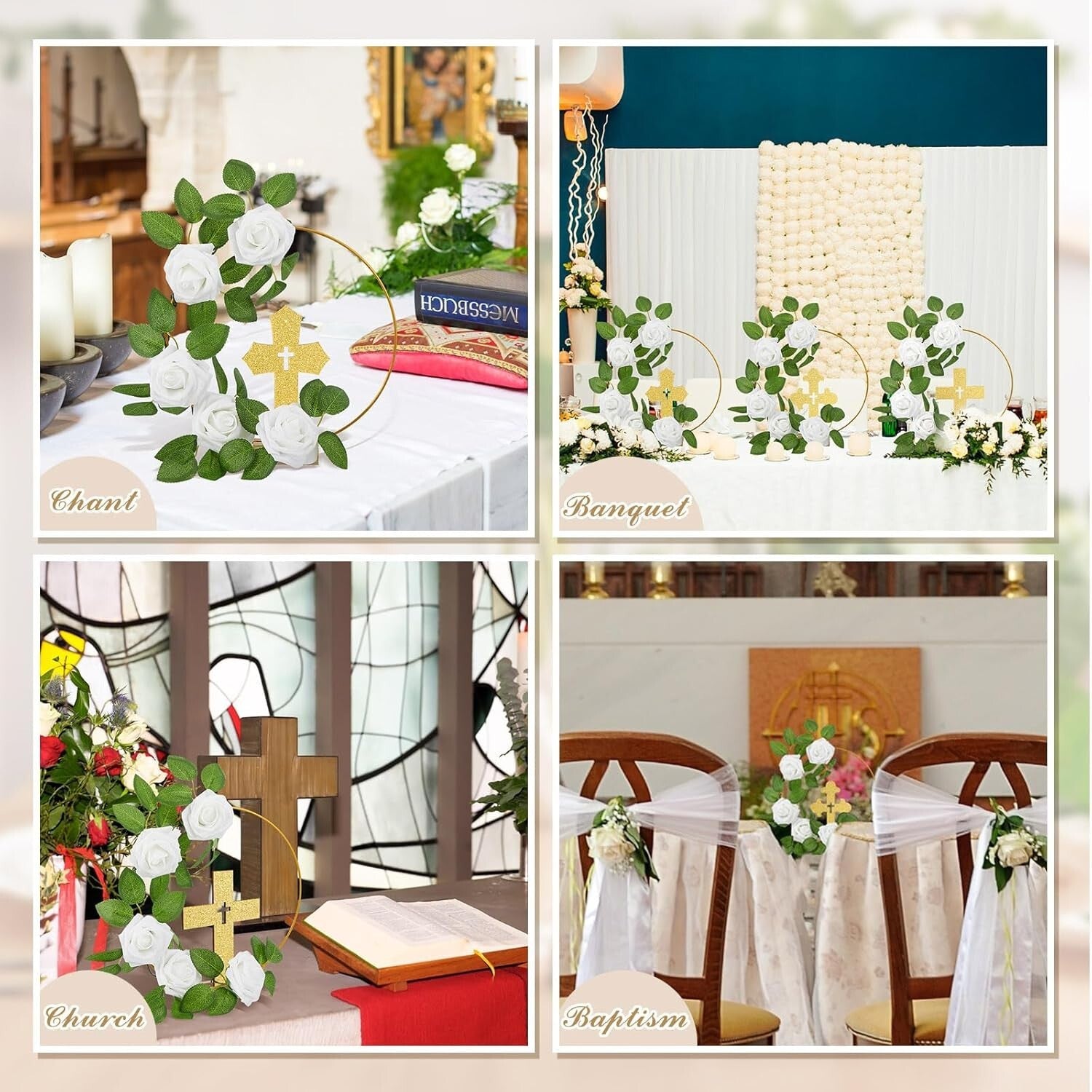 48 Pcs Gold & White Baptism Centerpieces: Wood Crosses, Floral Hoops & Roses
