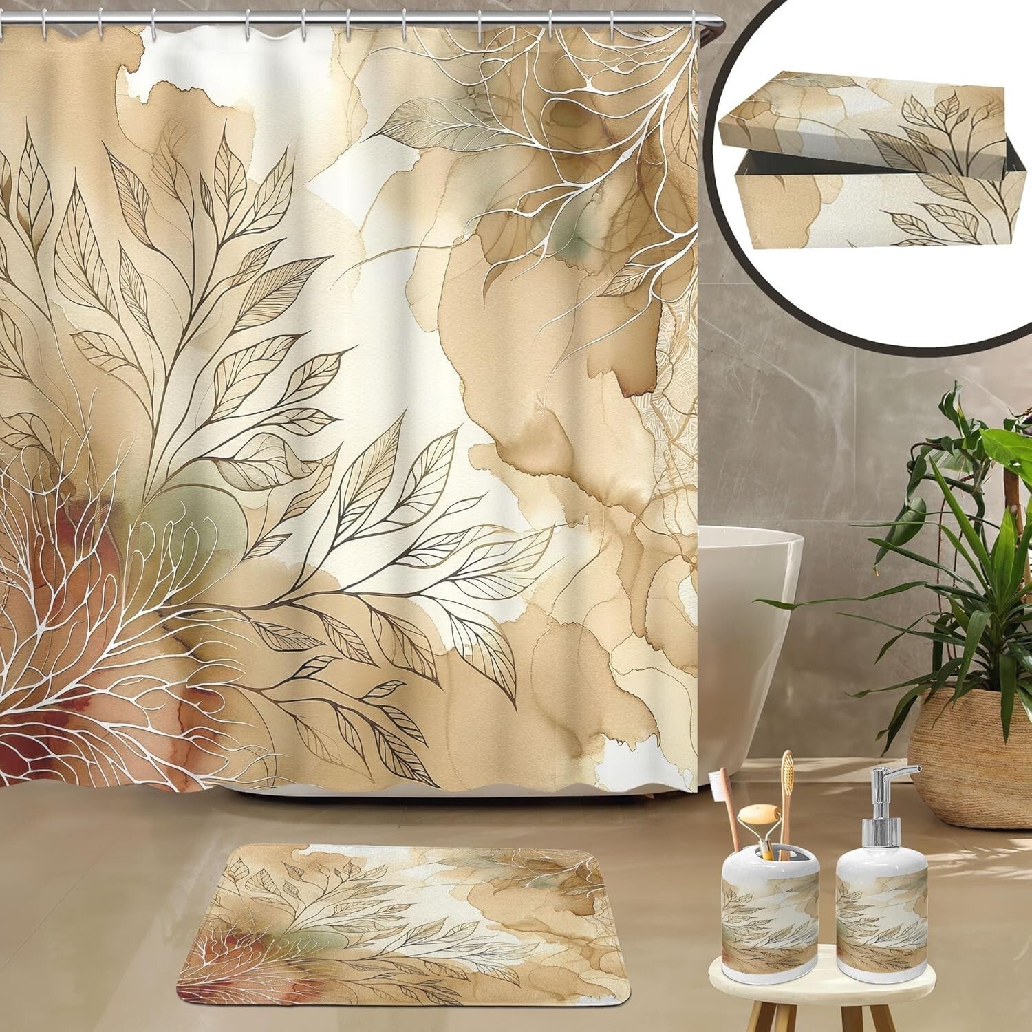 Elegant 4-Piece Bathroom Decor Set with Shower Curtain, Bath Mat, Soap Dispenser