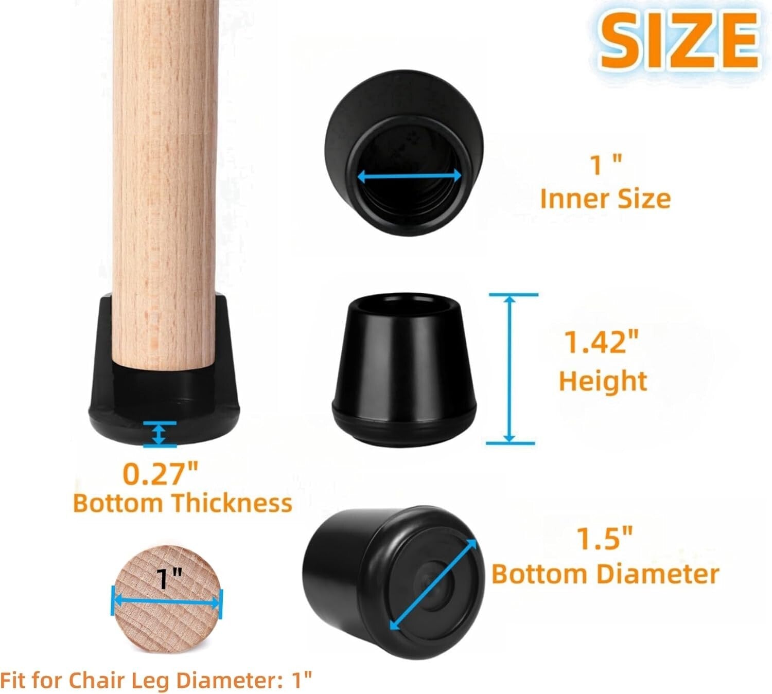 Heavy Duty 1-Inch Black Rubber Chair Leg Tips for Noise Reduction & Floor Safety