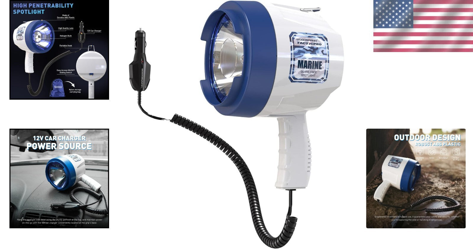 Portable 1200 Lumen Waterproof Handheld Spotlight with 12V Car Charger