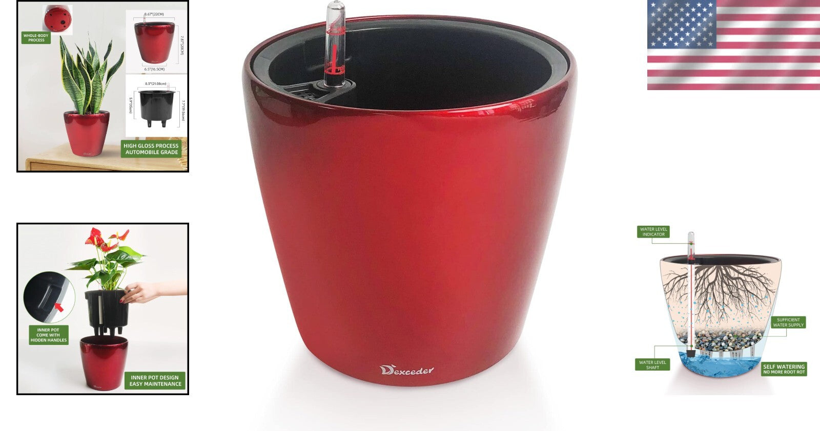 3L High Gloss Self-Watering Planter 9x8 Inches - Indoor/Outdoor Plant Care