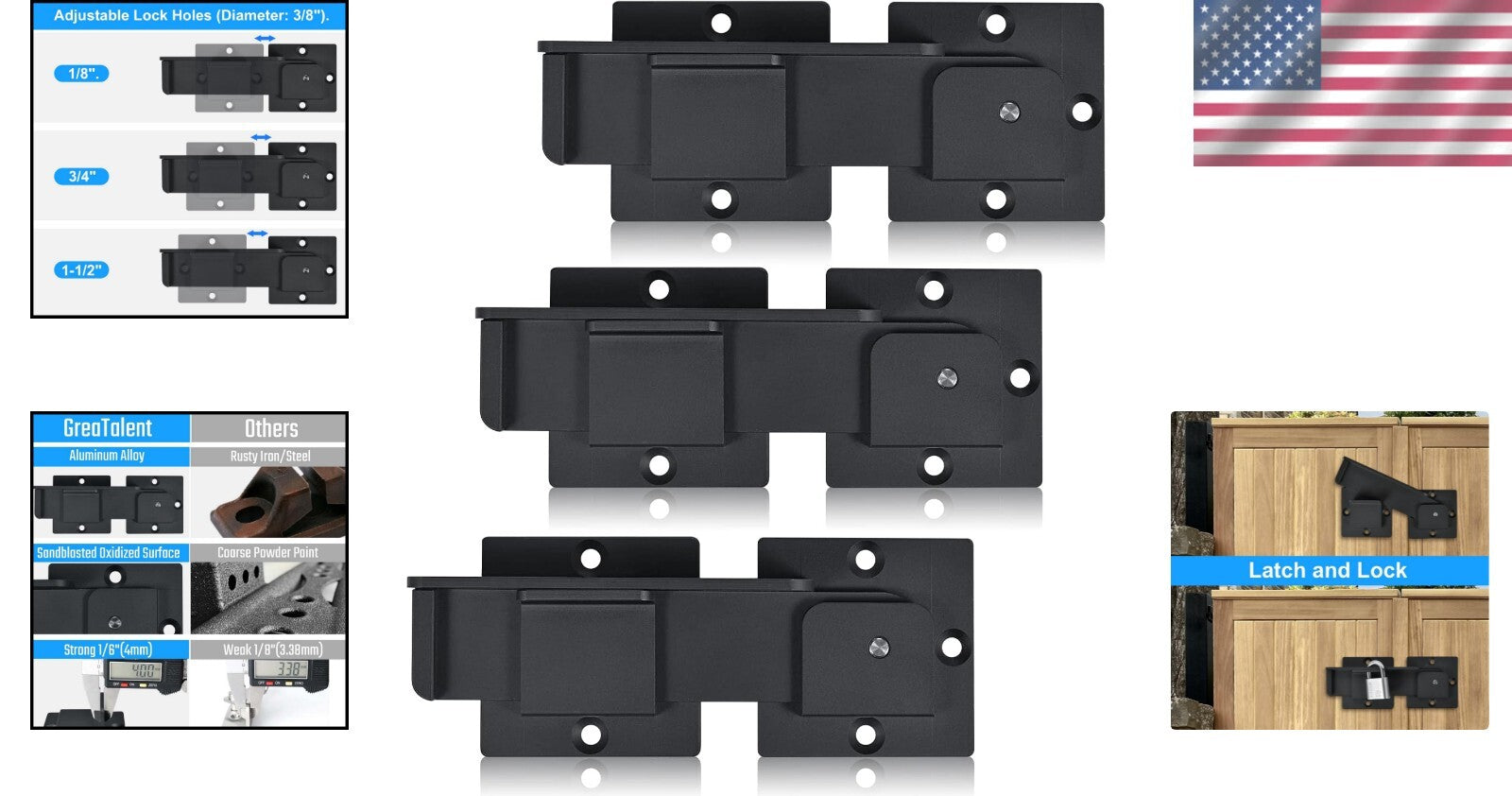 Elegant 7.5" Aluminum Alloy Gate Latch with Padlock Holes - Heavy Duty 3-Pack