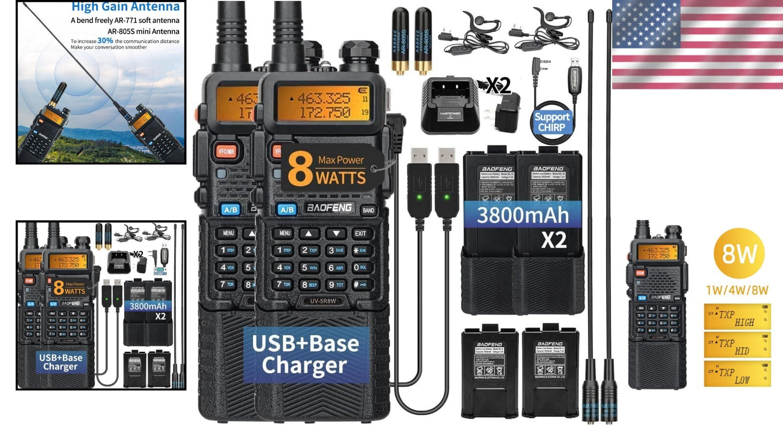 High Power UV-5R Handheld Radio: 8W Transmission, USB Charging + Earpiece Bundle