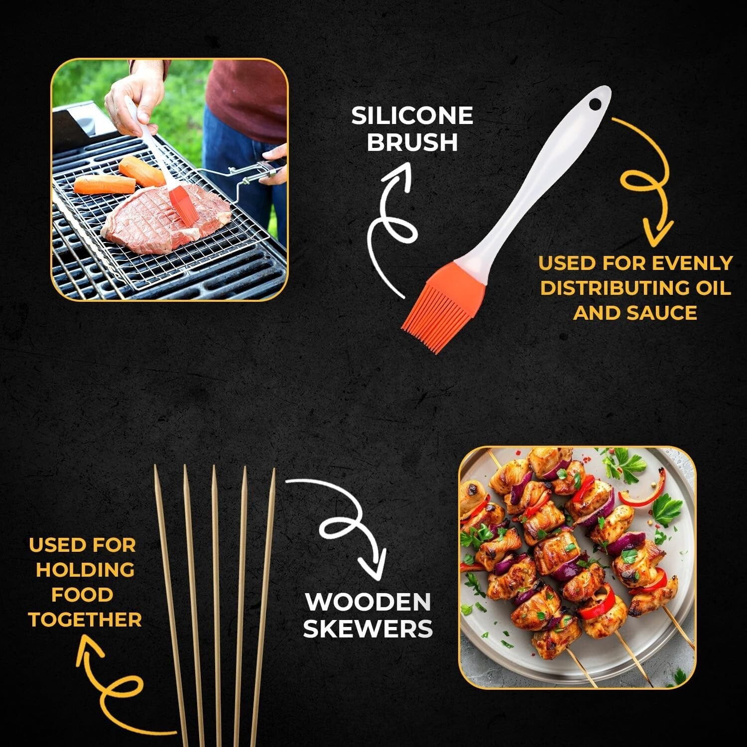 Rustproof Stainless Steel Fish Grilling Basket with Skewers & Basting Brush Pack