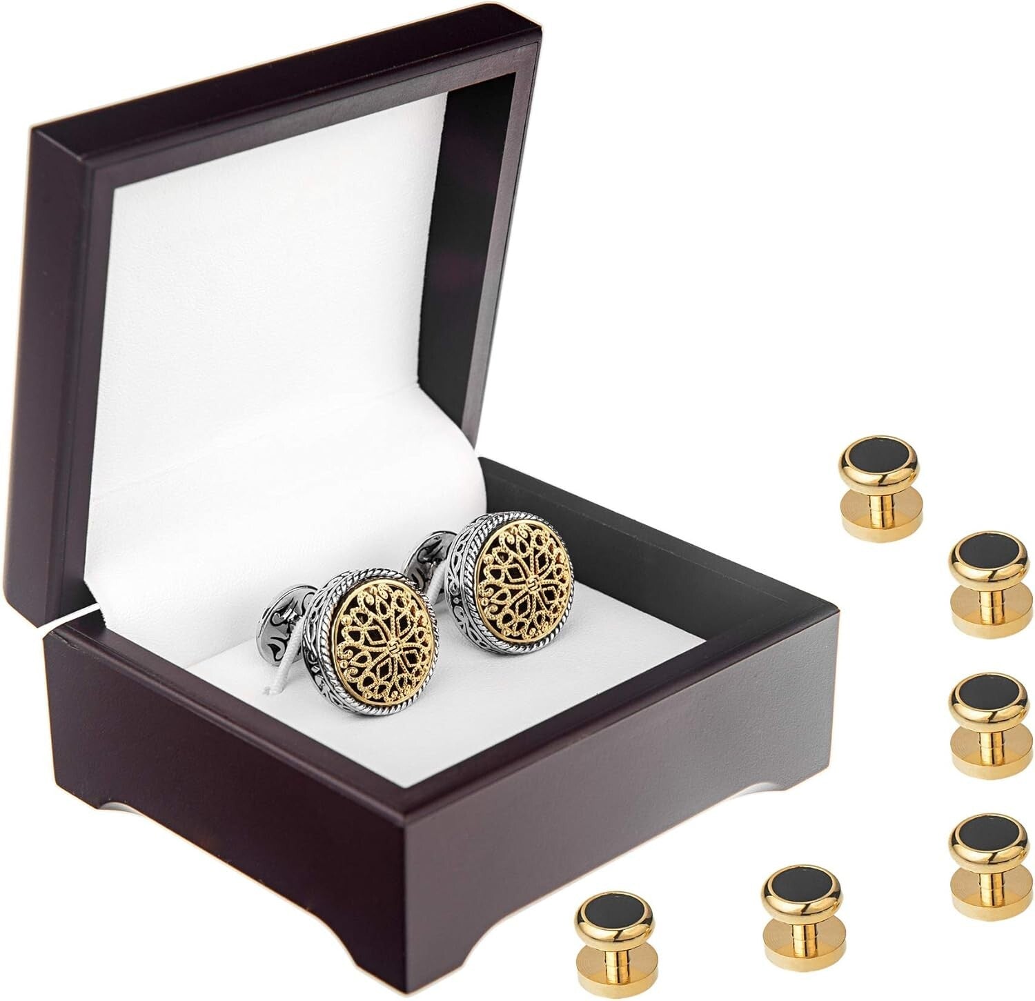 Gold-Plated Men's Cufflinks with 6 Shirt Studs - Ideal for Grooms & Fathers