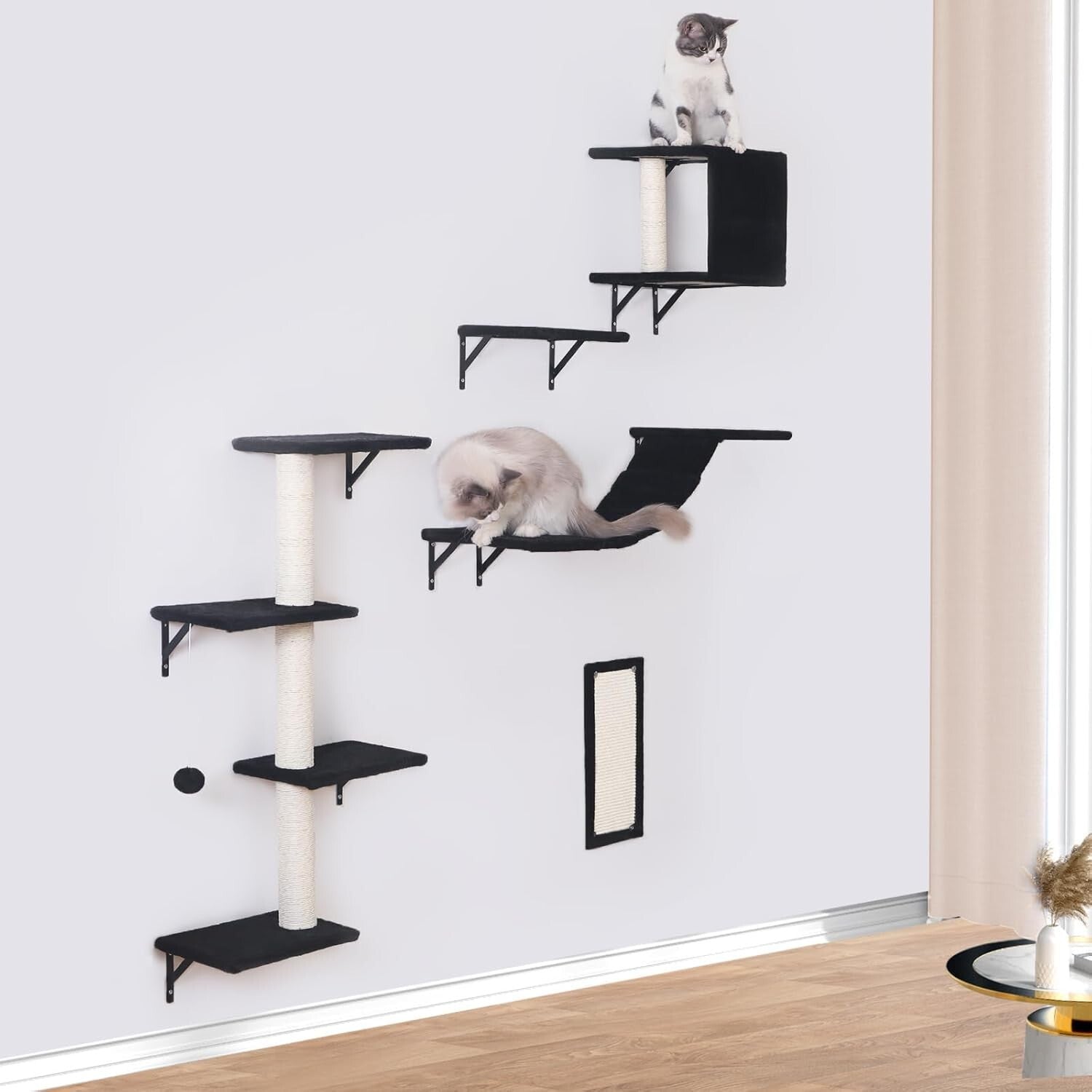 Durable Cat Wall Furniture - 5pcs Wooden Shelves, Bridge & Scratcher for Cats