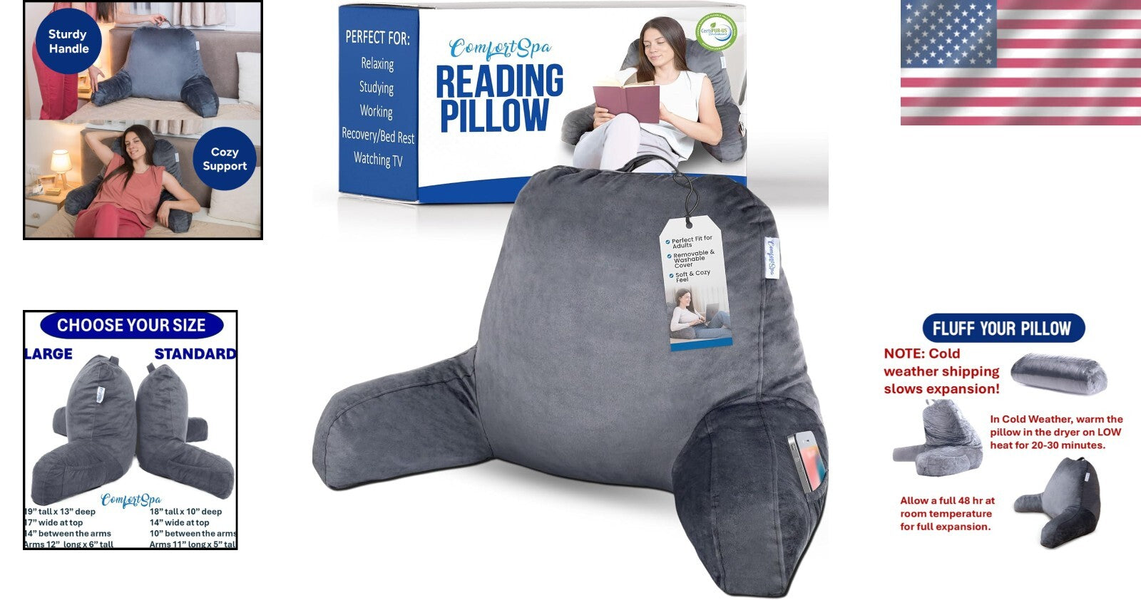 Breathable Backrest Pillow for Bed with Pockets - Perfect for Reading & Resting