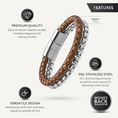 Artisan Handcrafted Brown Leather Bracelet with Silver Chain – Medium Size