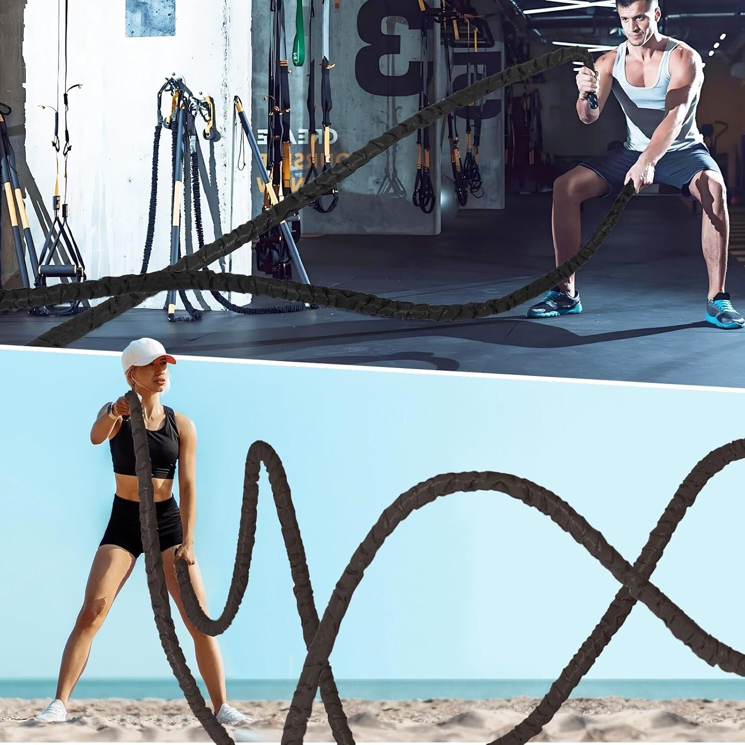 Adjustable Thickness Battle Ropes - 30ft Heavy Workout Rope for Intense Training