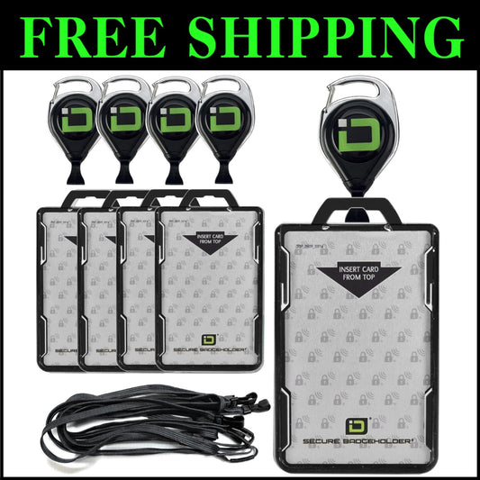 Durable Black 5-Pack Secure Badge Holder with Easy-Slide Technology and Lanyard