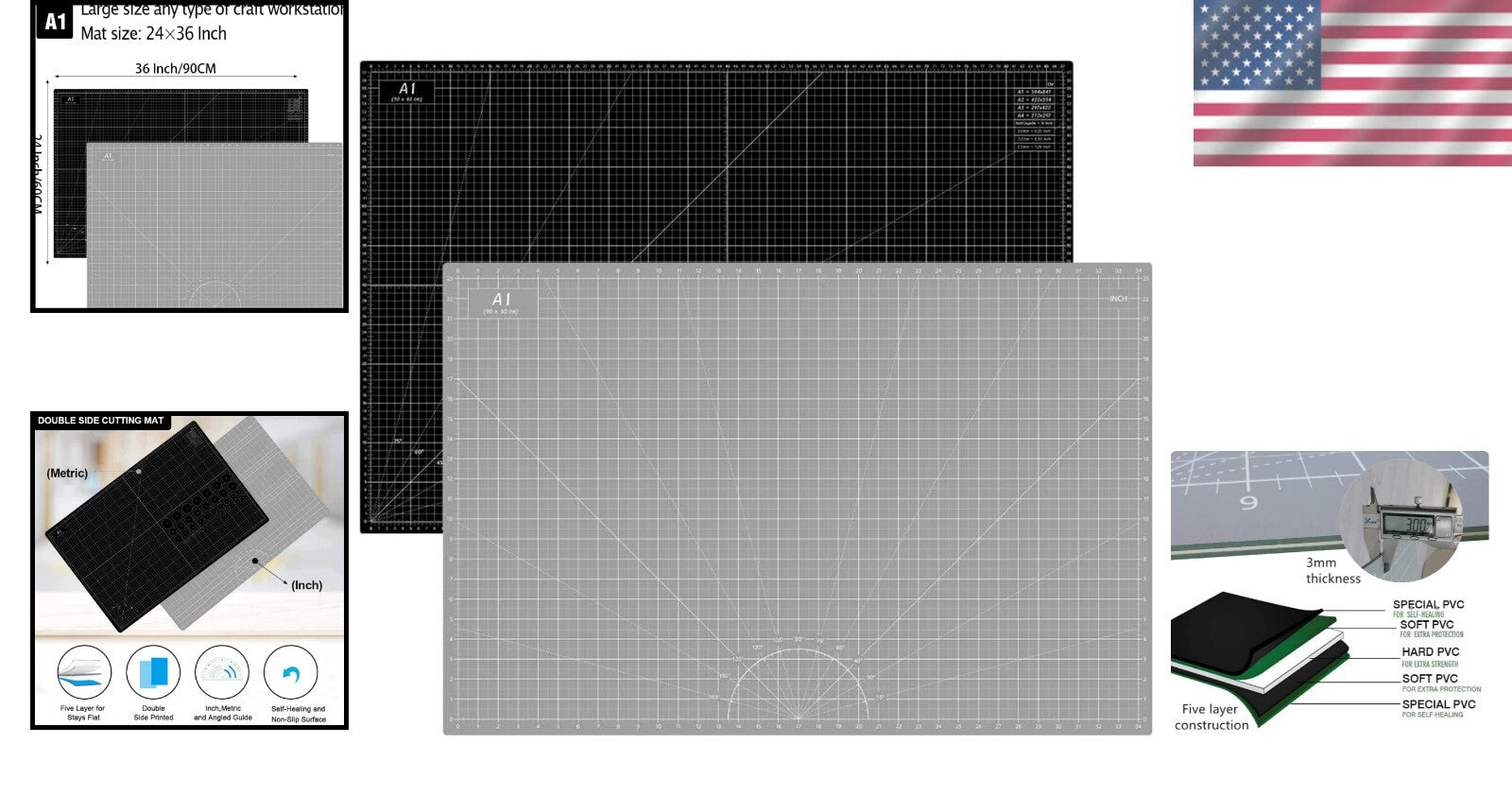 Double-Sided 5-Ply Cutting Board - 24 x 36 Inch Self-Healing Mat for Quilting
