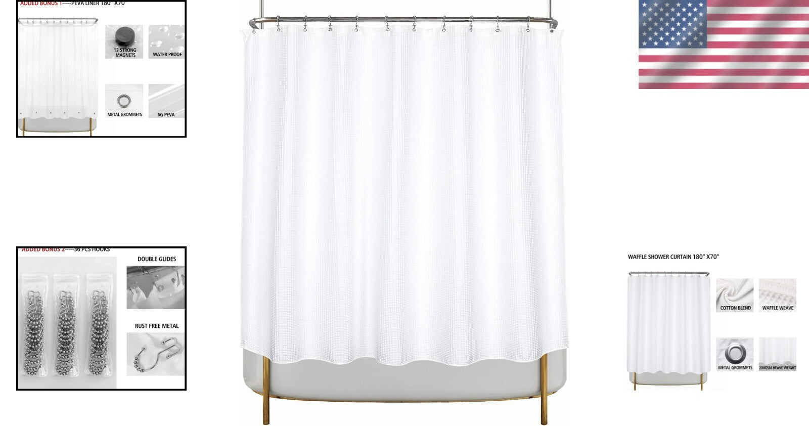 Elegant 180 x 70 Cotton Waffle Shower Curtain with PEVA Liner and Hooks - White