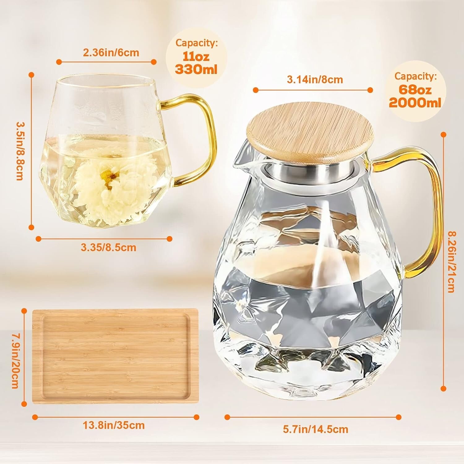 Diamond Design 68 oz Glass Water Pitcher with 4 Cups - Perfect for Entertaining