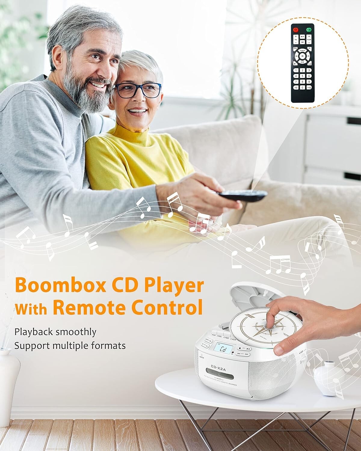 Bluetooth CD Player Boombox with AM/FM Radio, Tape Recording & Remote Control