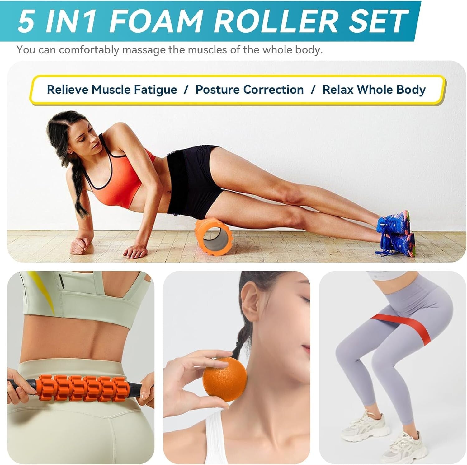 5-in-1 High-Density Foam Roller Set for Deep Tissue Muscle Relief - Orange/Black