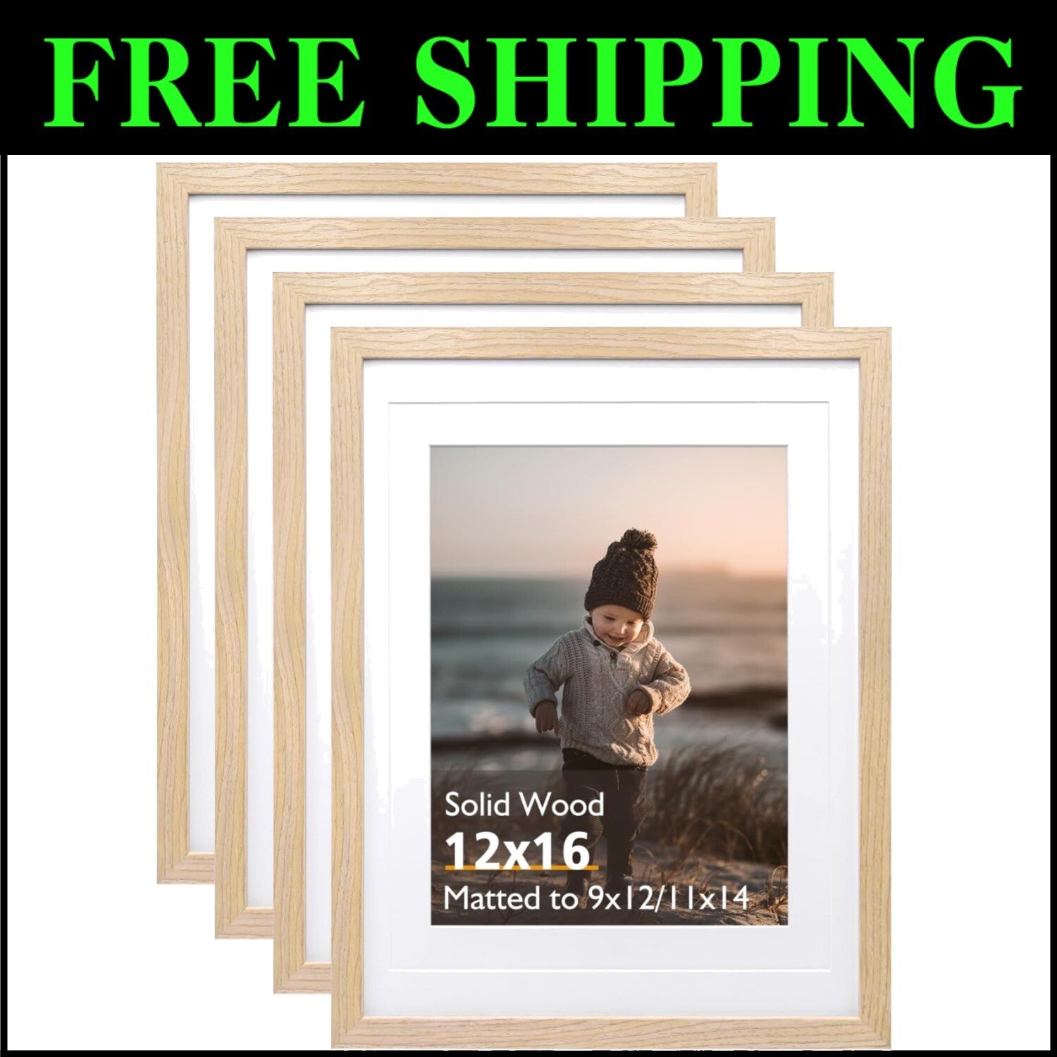 Natural Finish 12x16 Wall Frames with Mat - Ideal for Home Display, Set of 4