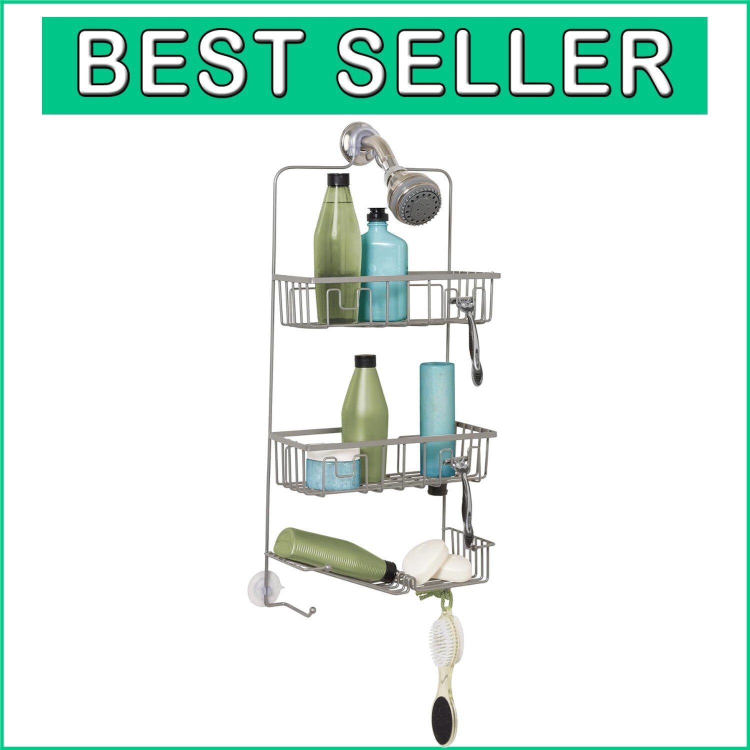Easy-to-Install Satin Nickel Shower Caddy with 3 Compartments & Hooks