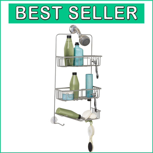 Easy-to-Install Satin Nickel Shower Caddy with 3 Compartments & Hooks
