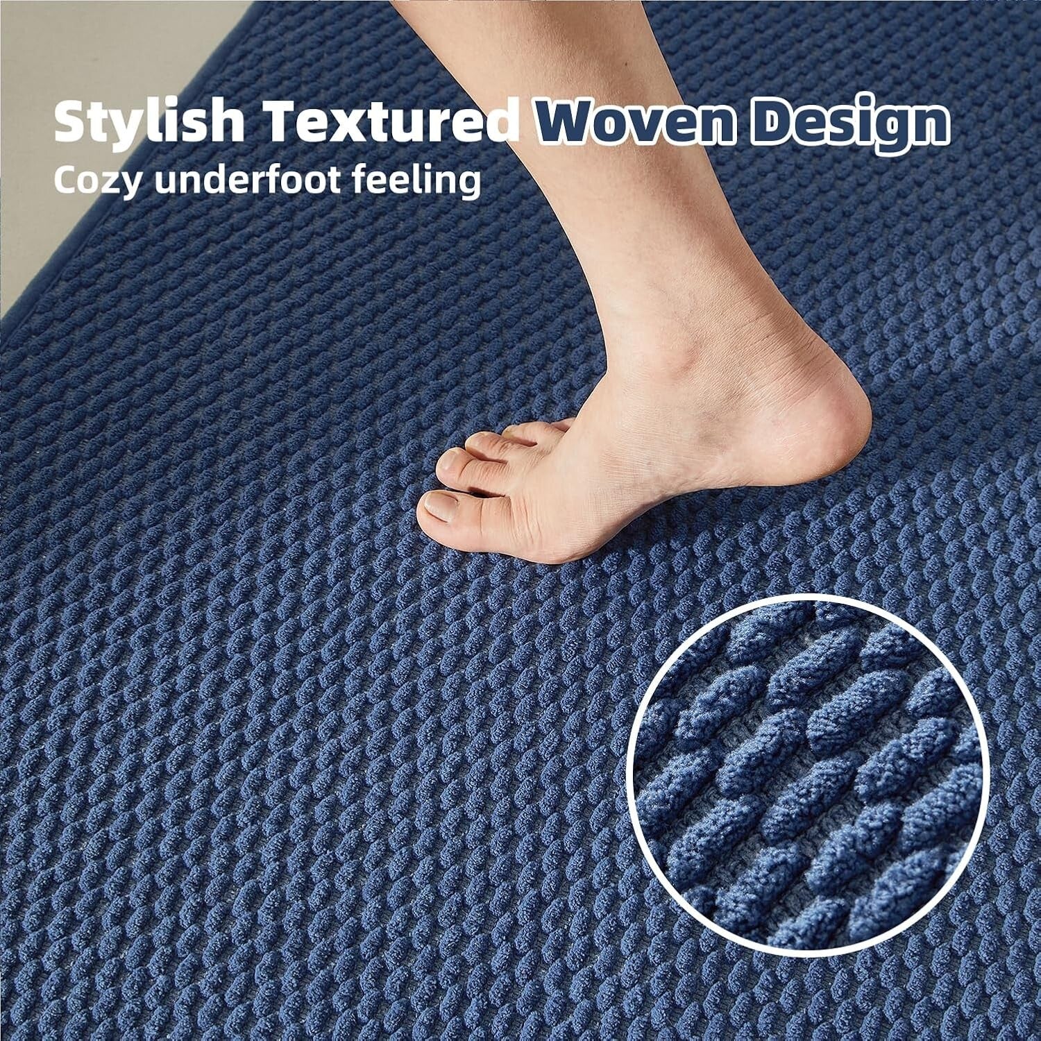 Elegant Quick Dry Navy Blue Bath Mat - Washable Non-Slip Runner Rug 24x60