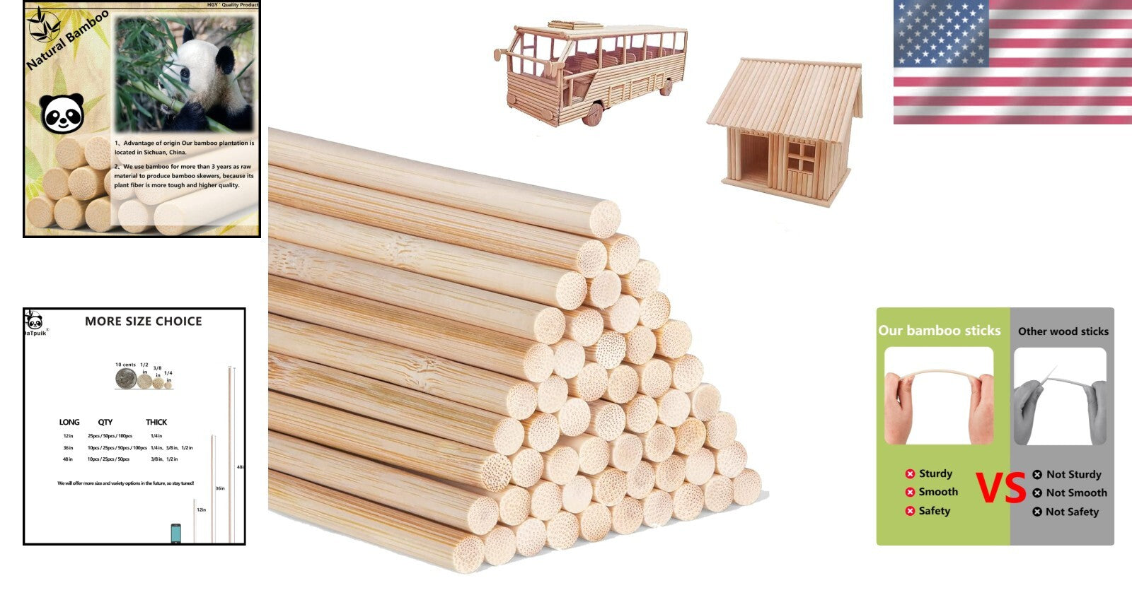 Natural Bamboo Dowel Rods, Pack of 50 - Ideal for DIY Crafts & Building Projects