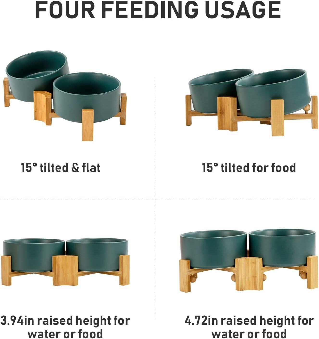 Stylish 15° Slanted Ceramic Pet Bowl Set with Bamboo Stand for Easy Feeding